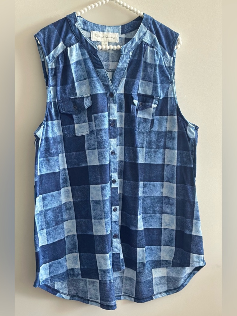 French Laundry Top Women XXXL Blue Patchwork Like Blouse Spring Summer Casual